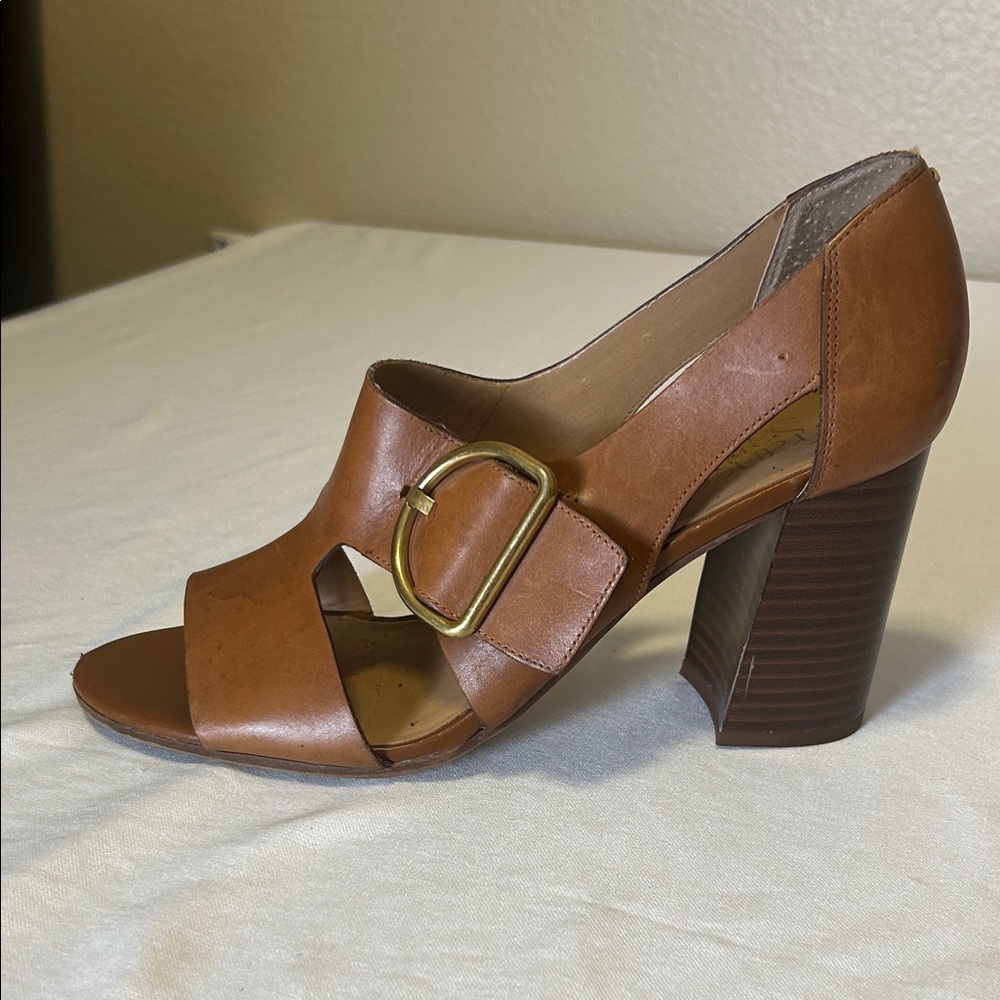 Franco Sarto Mirabel Open Toe Camel Leather  Heels  Sandals Cut Out Size 8.5M
